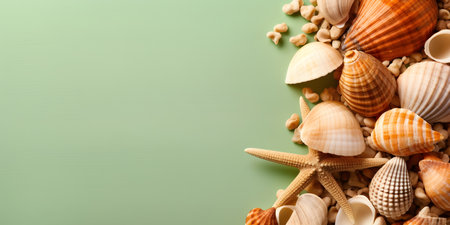 Seashells on green background with copyspace. Flat lay, top viewの素材