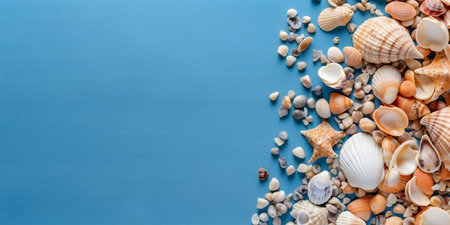 Seashells on blue background with copyspace. Flat lay, top viewの素材