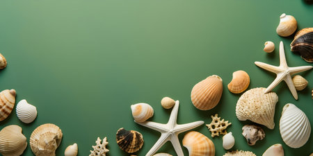 Seashells on green background with copyspace. Flat lay, top viewの素材