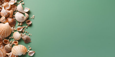 Seashells on green background with copyspace. Flat lay, top viewの素材