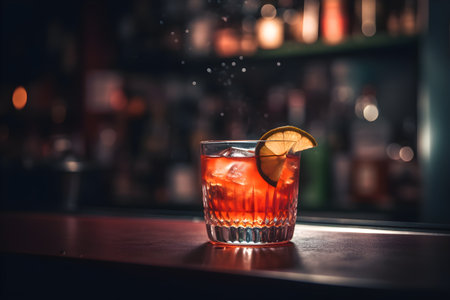 cocktail in the bar with a slice of lemon and a straw. summer sunny day. Summer cold drink and cocktailの素材