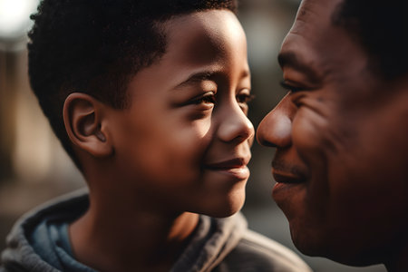 Close up portrait of happy african american father and son looking at each other in the park. Happy family concept. Happy Father's Day, father and son conceptの素材