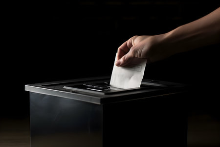 Hand putting a vote paper in a wooden ballot box, isolated on black background. Election, slip voting concept.の素材