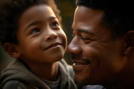 Close up portrait of happy african american father and son looking at each other in the park. Happy family concept. Happy Father's Day, father and son conceptの素材