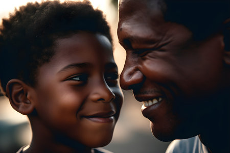 Close up portrait of happy african american father and son looking at each other in the park. Happy family concept. Happy Father's Day, father and son conceptの素材