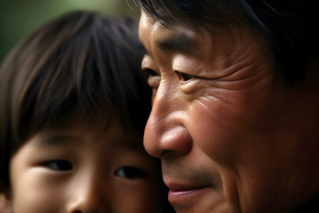 Close up Portrait of Asian father and son looking at each other in the park. Happy family concept. Happy Father's Day, father and son conceptの素材