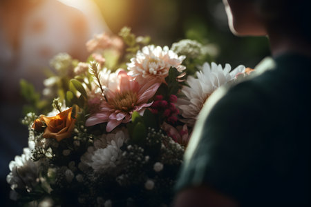Mother holding a bouquet of flowers in her hands wearing light dress. Happy family concept. Happy mother's day conceptの素材