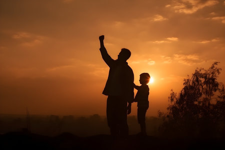 Silhouette of father and son on sunset background. Happy family concept. Happy Father's Day, father and son conceptの素材