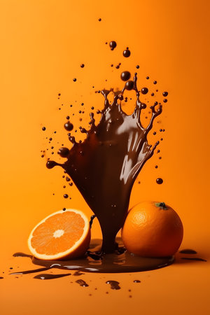 Splash of chocolate with orange on orange background with copyspace. World Chocolate Day. Minimal creative fruit and refreshments concept, for banner background.の素材 [FY310206479173]