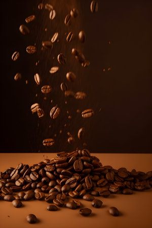 Flying falling coffee beans on orange background. International Coffee Day, fresh and bright wallpaper as concept of ingredient for tasty hot drinkの写真素材