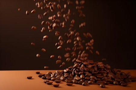 Flying falling coffee beans on orange background. International Coffee Day, fresh and bright wallpaper as concept of ingredient for tasty hot drinkの写真素材