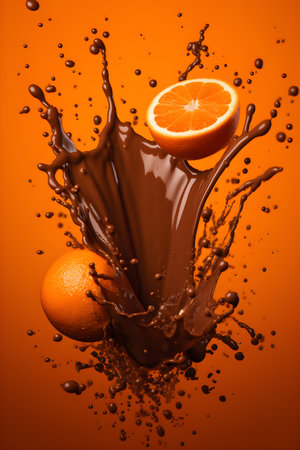 Splash of chocolate with orange on orange background with copyspace. World Chocolate Day. Minimal creative fruit and refreshments concept, for banner background.の写真素材