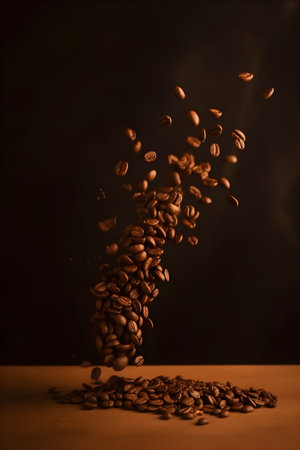 Flying falling coffee beans on orange background. International Coffee Day, fresh and bright wallpaper as concept of ingredient for tasty hot drinkの写真素材
