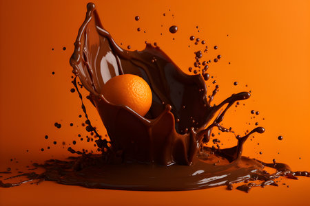 Splash of chocolate with orange on orange background with copyspace. World Chocolate Day. Minimal creative fruit and refreshments concept, for banner background.の写真素材