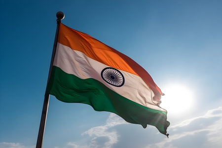 India flag waving in the wind against the blue sky with sun rays, celebrates January 26th Republic day, August 15th independence day concept, for banner background.の素材