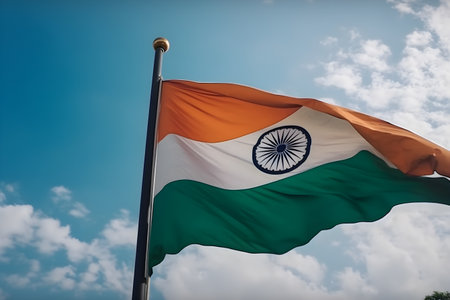 India flag waving in the wind against the blue sky with sun rays, celebrates January 26th Republic day, August 15th independence day concept, for banner background.の素材