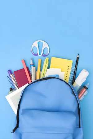 Blue backpack with school stationery on blue background, education day, international education day, Back to school concept,  with copyspace, for banner background.の素材