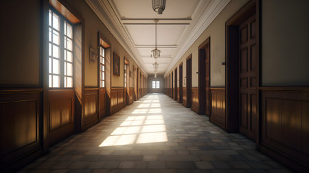 High School hallway corridor in College or university empty hall at classroom, no peopleの素材