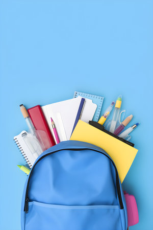 Blue backpack with school stationery on blue background, education day, international education day, Back to school concept,  with copyspace, for banner background.の素材