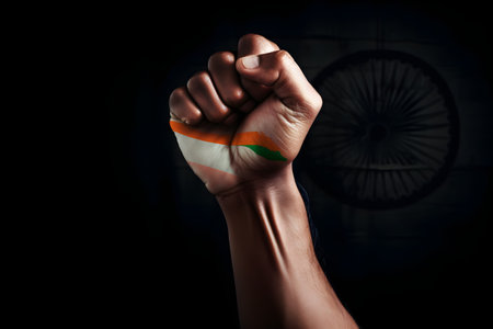 Fist in front of india flag, strength,power,concept of conflict, celebrates January 26th Republic day, August 15th independence day concept, for banner background.の素材