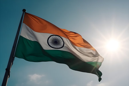 India flag waving in the wind against the blue sky with sun rays, celebrates January 26th Republic day, August 15th independence day concept, for banner background.の素材