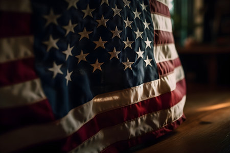 Close up of American flag on wooden table, USA memorial day, Independence Day, for banner background.の素材