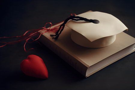 Graduation cap and heart on a black background, education day, international education day, Back to school concept.の素材