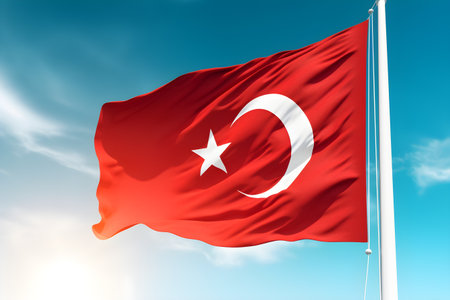 Flag of Turkey waving in the wind against blue sky. independence day.の素材
