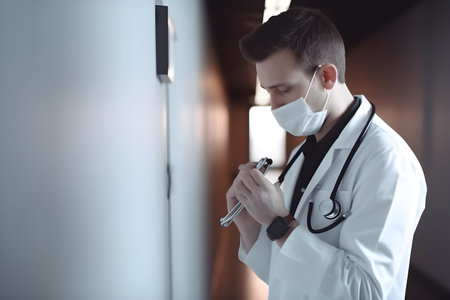 Portrait of handsome male doctor with stethoscope standing in front of office. Healthcare and medical concept.の素材