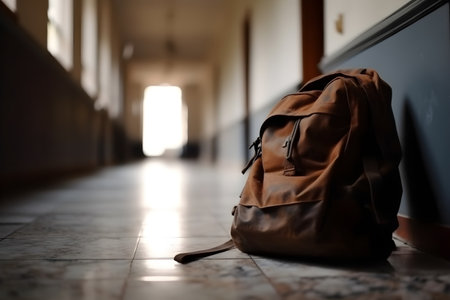 School backpack on the floor in the School hallway corridor, education day, international education day, Back to school concept.の素材
