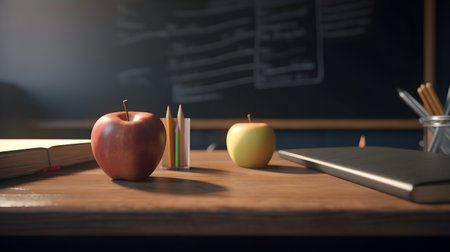 School stationery and apples on table in classroom, education day, international education day, Back to school concept.の素材
