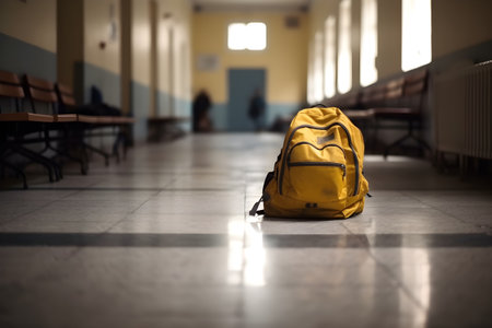 School backpack on the floor in the School hallway corridor, education day, international education day, Back to school concept.の素材