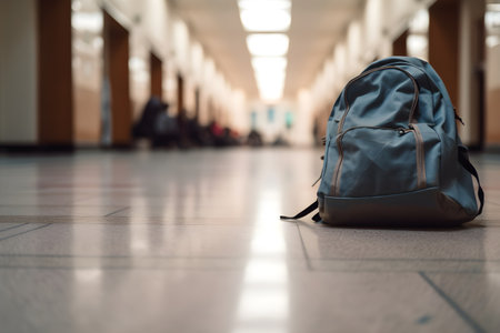 School backpack on the floor in the School hallway corridor, education day, international education day, Back to school concept.の素材