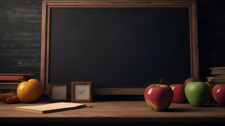 School stationery and apples on table in classroom, education day, international education day, Back to school concept.の素材