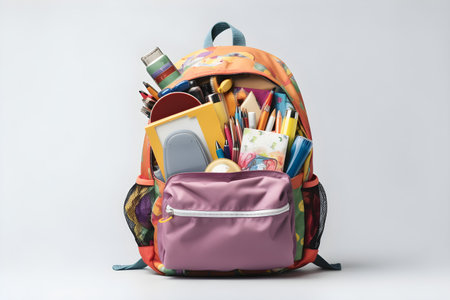 School backpack with stationery, top view, education day, international education day, Back to school concept.の素材