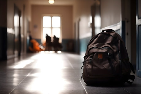 School backpack on the floor in the School hallway corridor, education day, international education day, Back to school concept.の素材