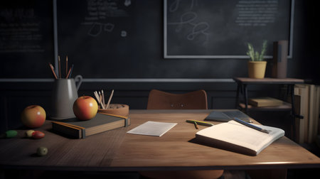 School stationery and apples on table in classroom, education day, international education day, Back to school concept.の素材