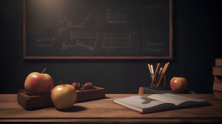School stationery and apples on table in classroom, education day, international education day, Back to school concept.の素材