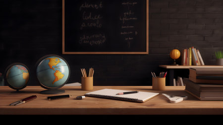 School stationery and apples on table in classroom, education day, international education day, Back to school concept.の素材
