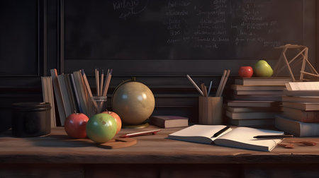 School stationery and apples on table in classroom, education day, international education day, Back to school concept.の素材