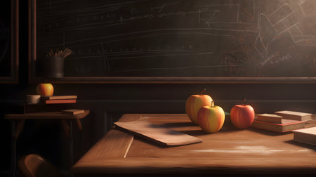 School stationery and apples on table in classroom, education day, international education day, Back to school concept.の素材
