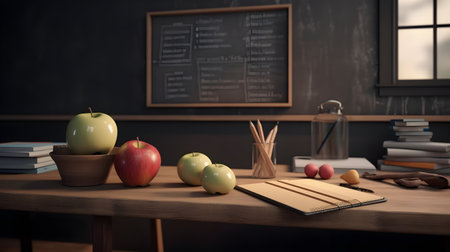 School stationery and apples on table in classroom, education day, international education day, Back to school concept.の素材