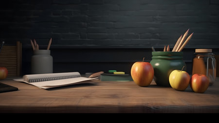 School stationery and apples on table in classroom, education day, international education day, Back to school concept.の素材