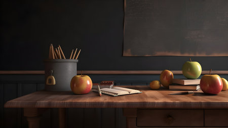 School stationery and apples on table in classroom, education day, international education day, Back to school concept.の素材