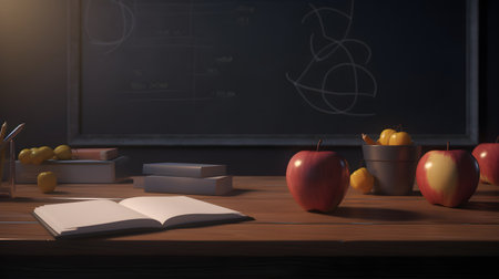 School stationery and apples on table in classroom, education day, international education day, Back to school concept.の素材