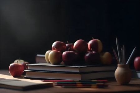 Stack of books and apple on wooden table. education day, international education day, Back to school concept.の素材