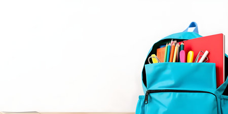School stationery and backpack on wooden table, education day, international education day, Back to school concept,  with copyspace, for banner background.の素材