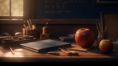 School stationery and apples on table in classroom, education day, international education day, Back to school concept.の素材