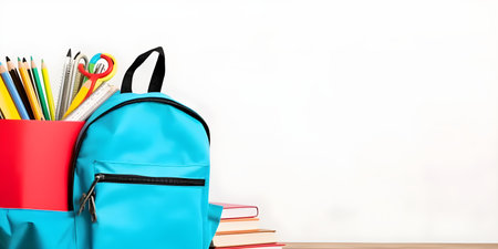 School stationery and backpack on wooden table, education day, international education day, Back to school concept,  with copyspace, for banner background.の素材
