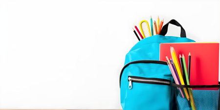 School stationery and backpack on wooden table, education day, international education day, Back to school concept,  with copyspace, for banner background.の素材